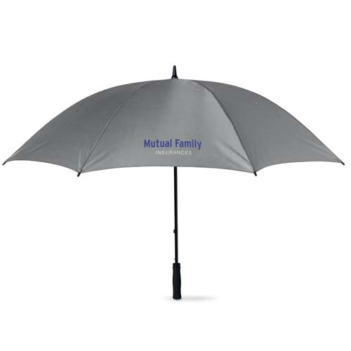 Paraguas gris con logo Mutual Family Insurances y mango negro.