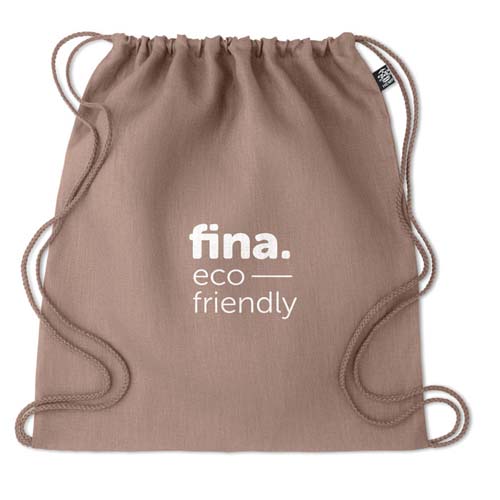 Mochila saco fina eco friendly de tela marrón con cordones ajustables.