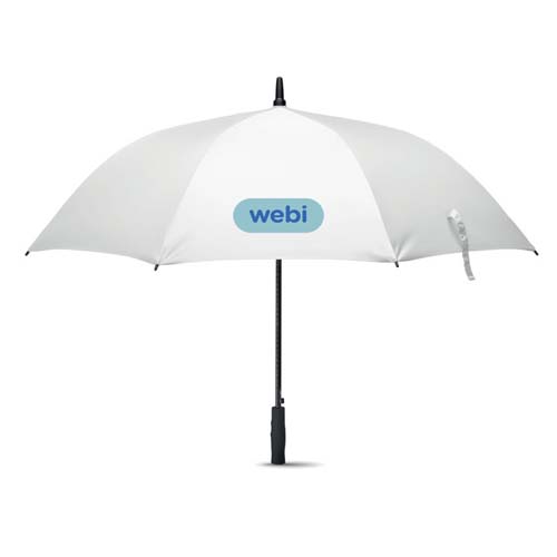 Paraguas blanco con logo azul de Webi y mango negro.