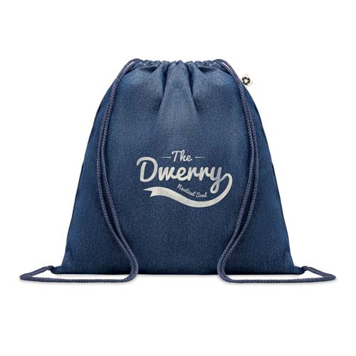 Mochila saco azul marino de tela con cordones y estampado blanco "The Dwerry".