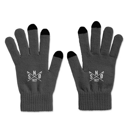 Guantes de punto grises con logo blanco y puntas negras táctiles.