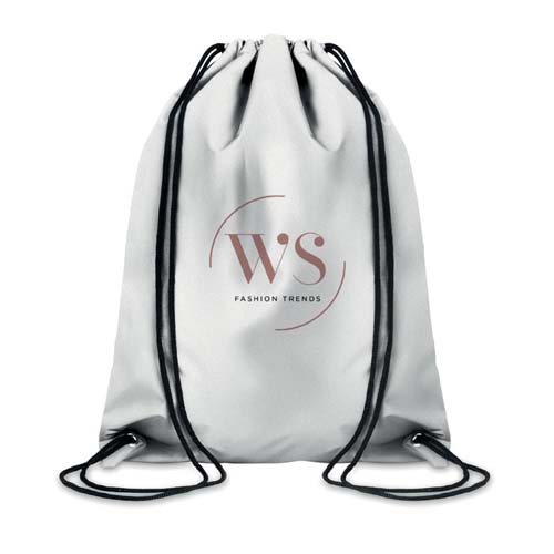 Mochila saco blanca con cordones negros y logo WS Fashion Trends en rosa.