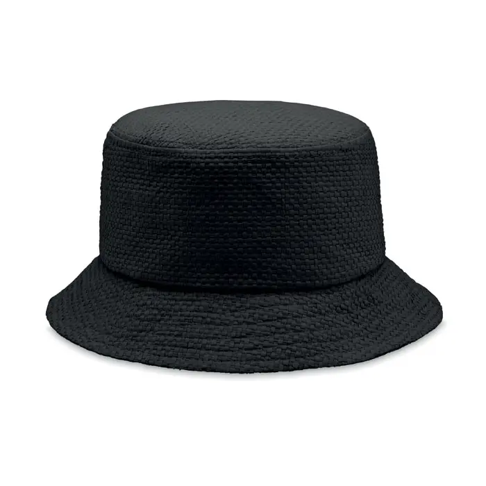 Sombrero tipo bucket negro con textura tejida.
