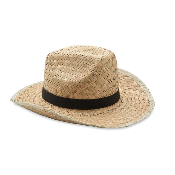 Sombrero de paja trenzada con cinta negra para protección solar.