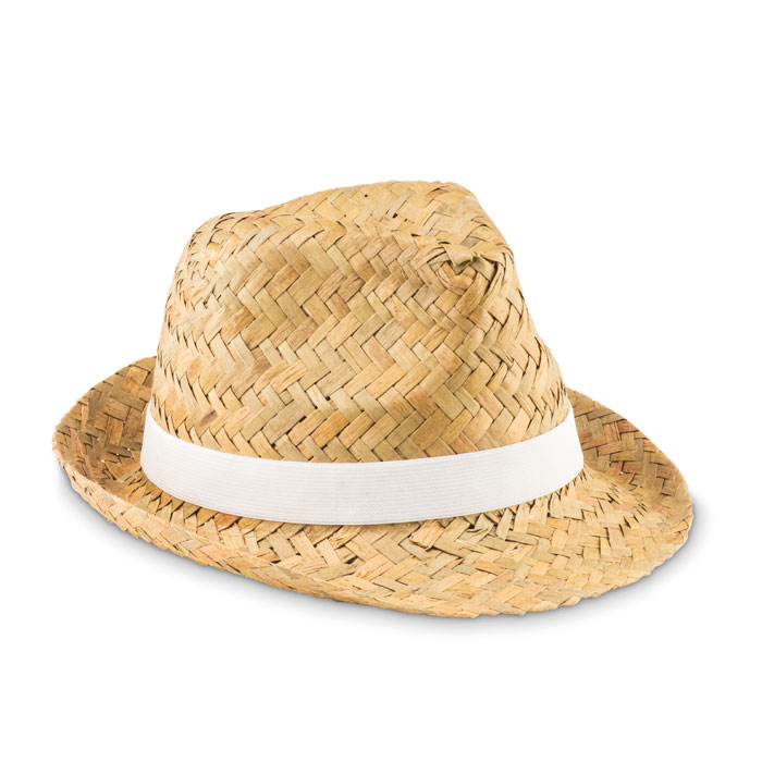 Sombrero de paja trenzada con cinta blanca para protección solar.