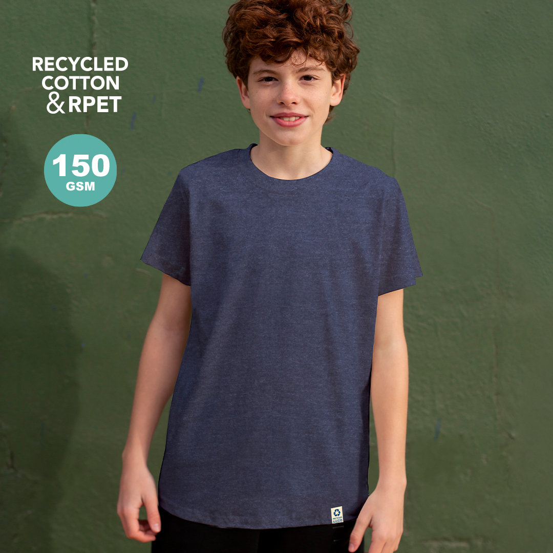 Camiseta azul de algodón reciclado y RPET para niño.