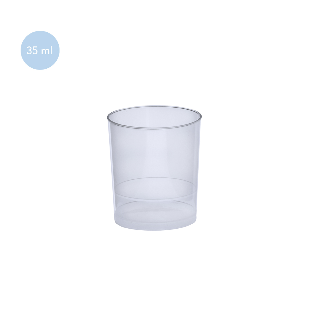 Vaso medidor transparente de plástico con capacidad de 35 ml.