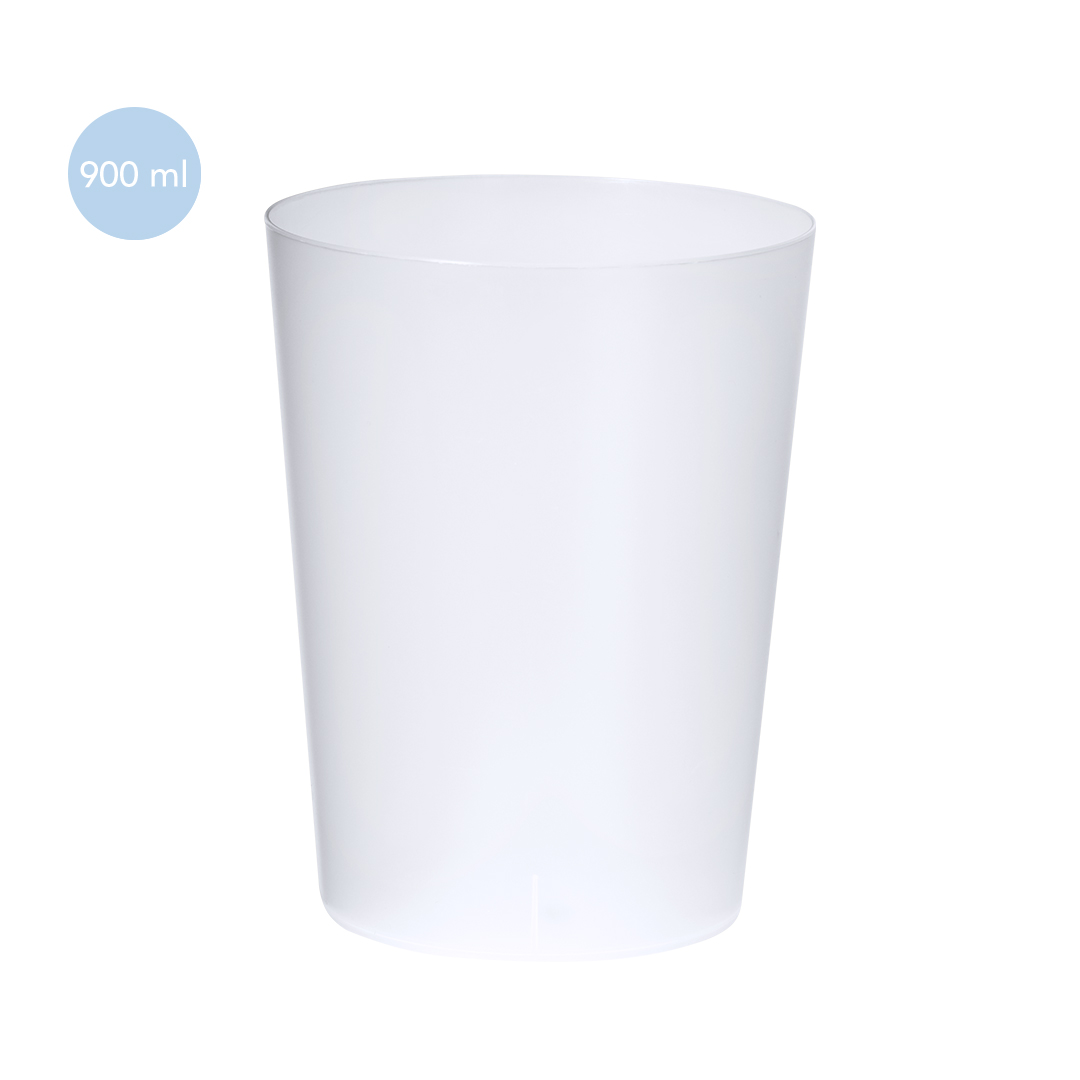 Vaso de plástico translúcido con capacidad de 900 ml.