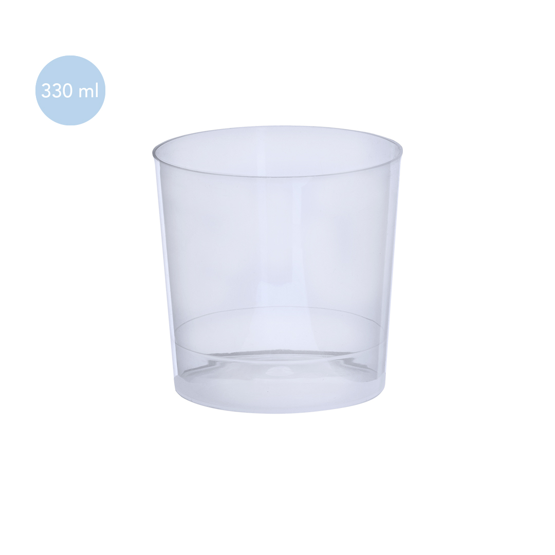 Vaso transparente de plástico con capacidad de 330 ml.