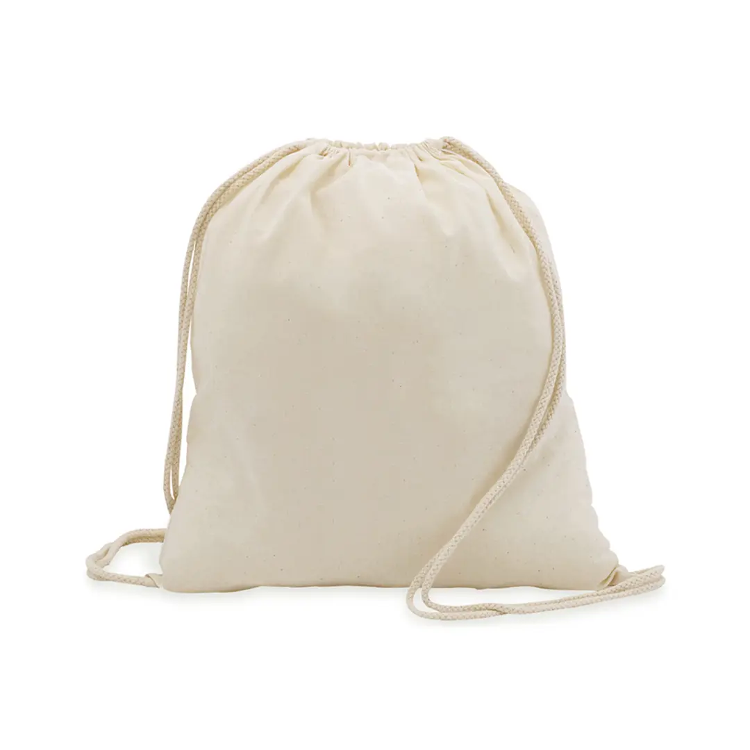 Mochila saco de algodón color beige con cierre de cordón.