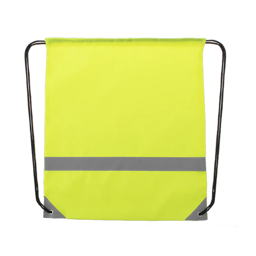 Mochila saco amarilla fluorescente con cinta reflectante gris y cordones negros.