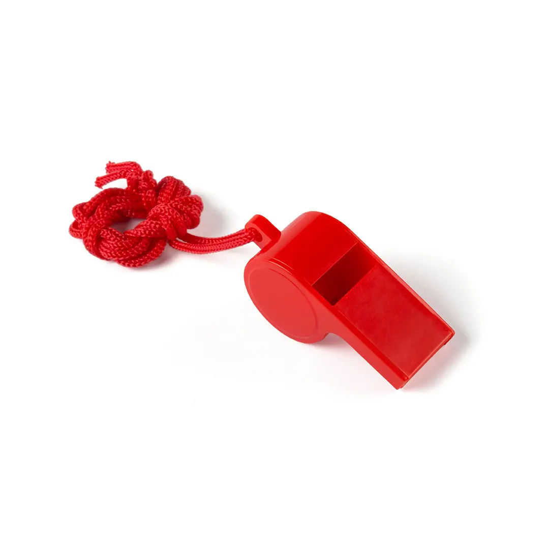 Silbato rojo de plástico con cuerda trenzada para colgar.