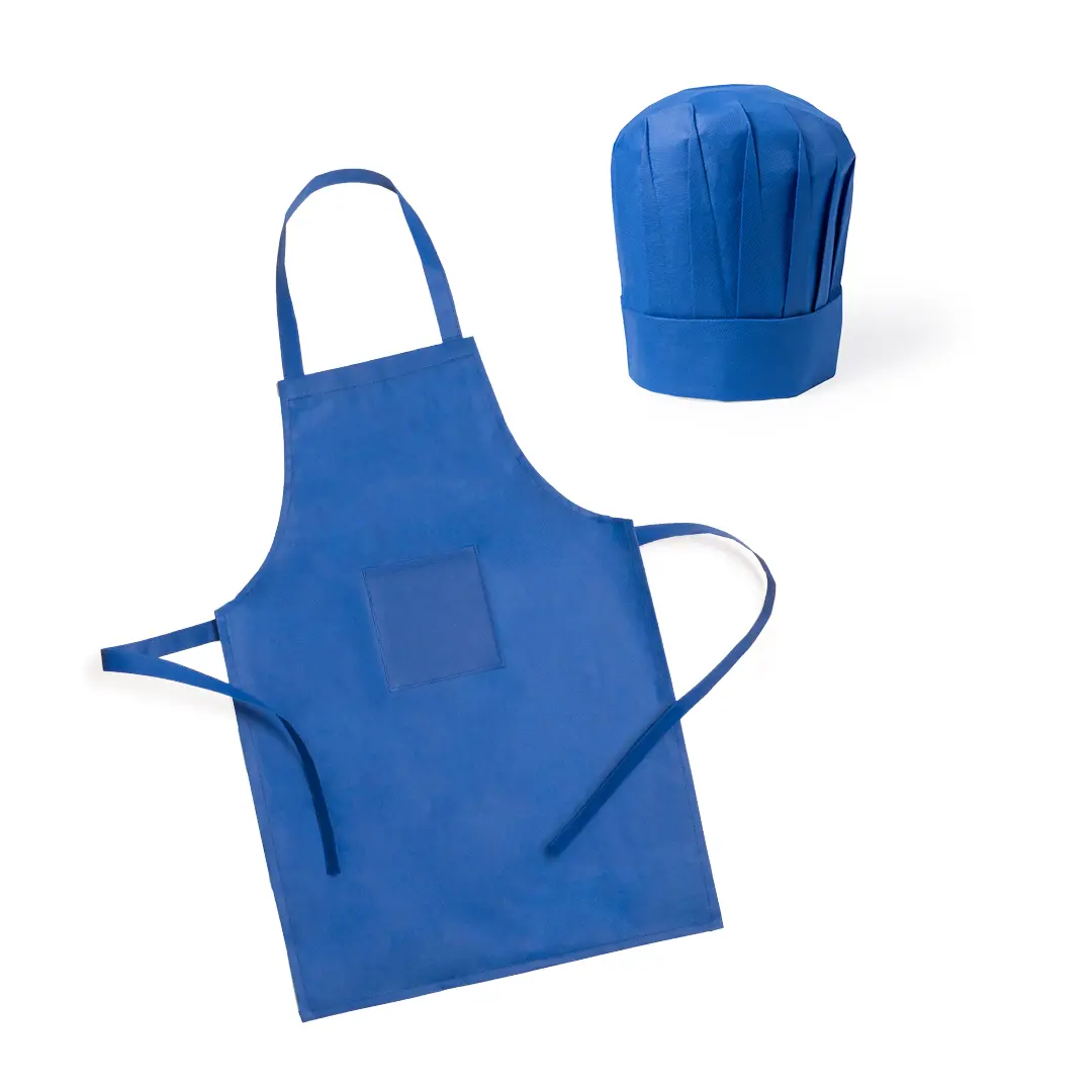 Delantal y gorro de chef azul de tela con bolsillo frontal.