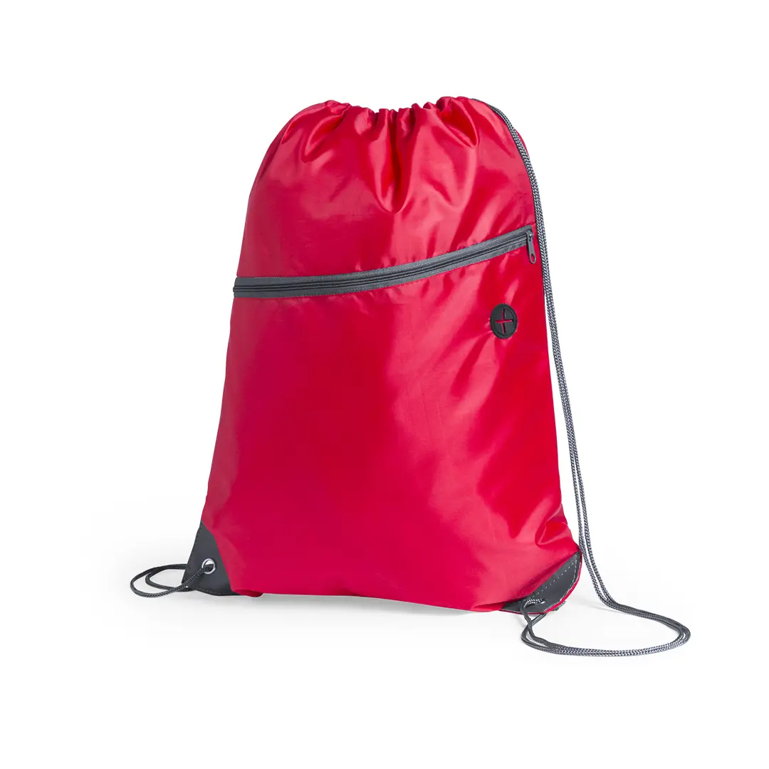Mochila saco roja con cordones y bolsillo frontal con cremallera.