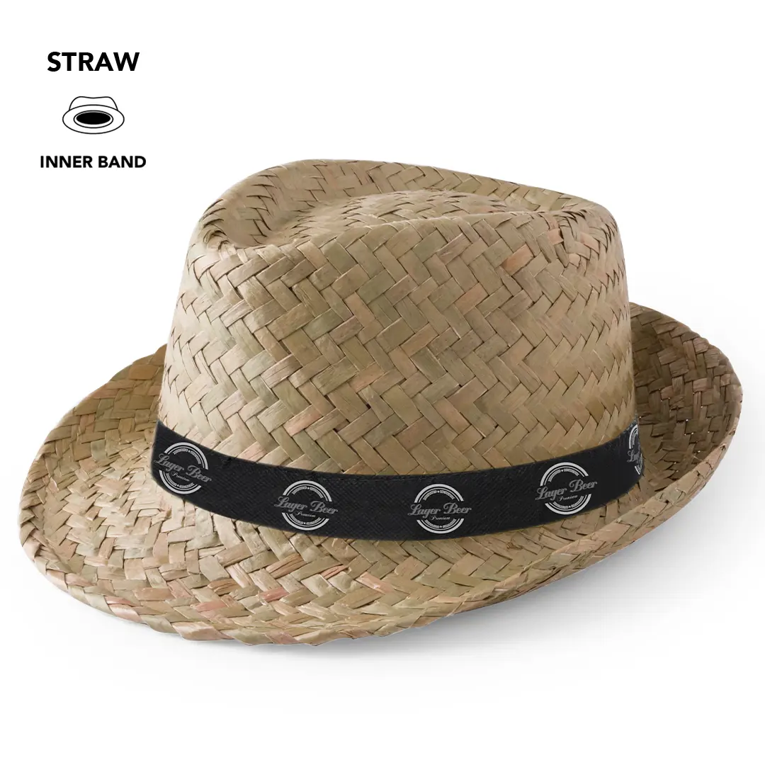 Sombrero de paja con cinta negra decorativa y banda interior para ajuste.