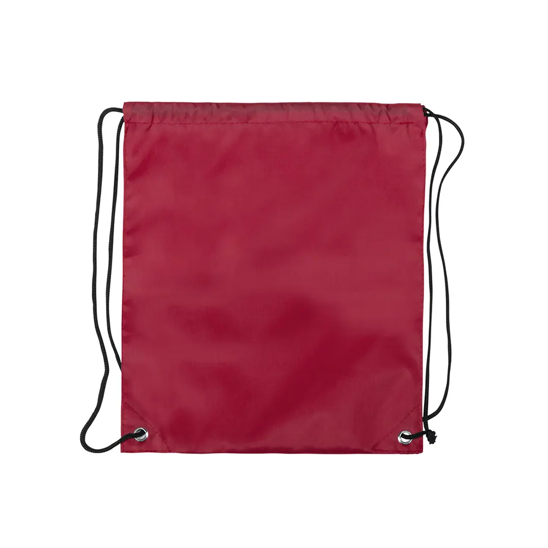 Mochila saco roja de nylon con cordones negros para llevar al hombro.