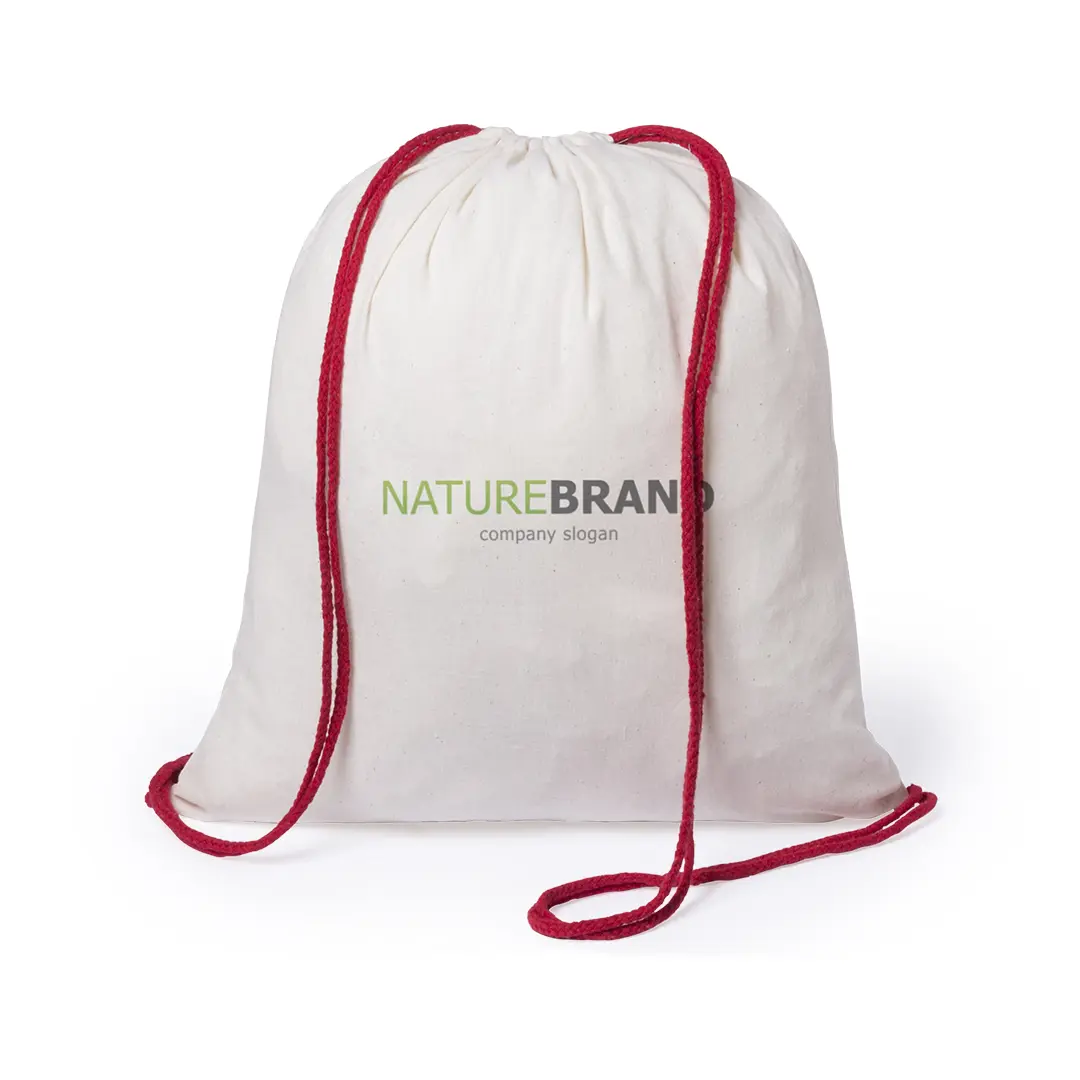 Mochila de algodón blanca con cordones rojos para llevar a la espalda.