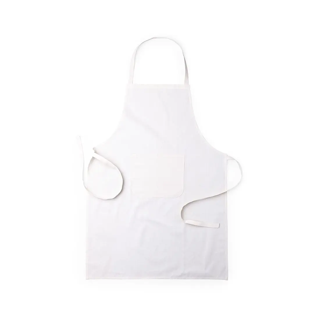 Delantal blanco de algodón con bolsillo central para uso en cocina.