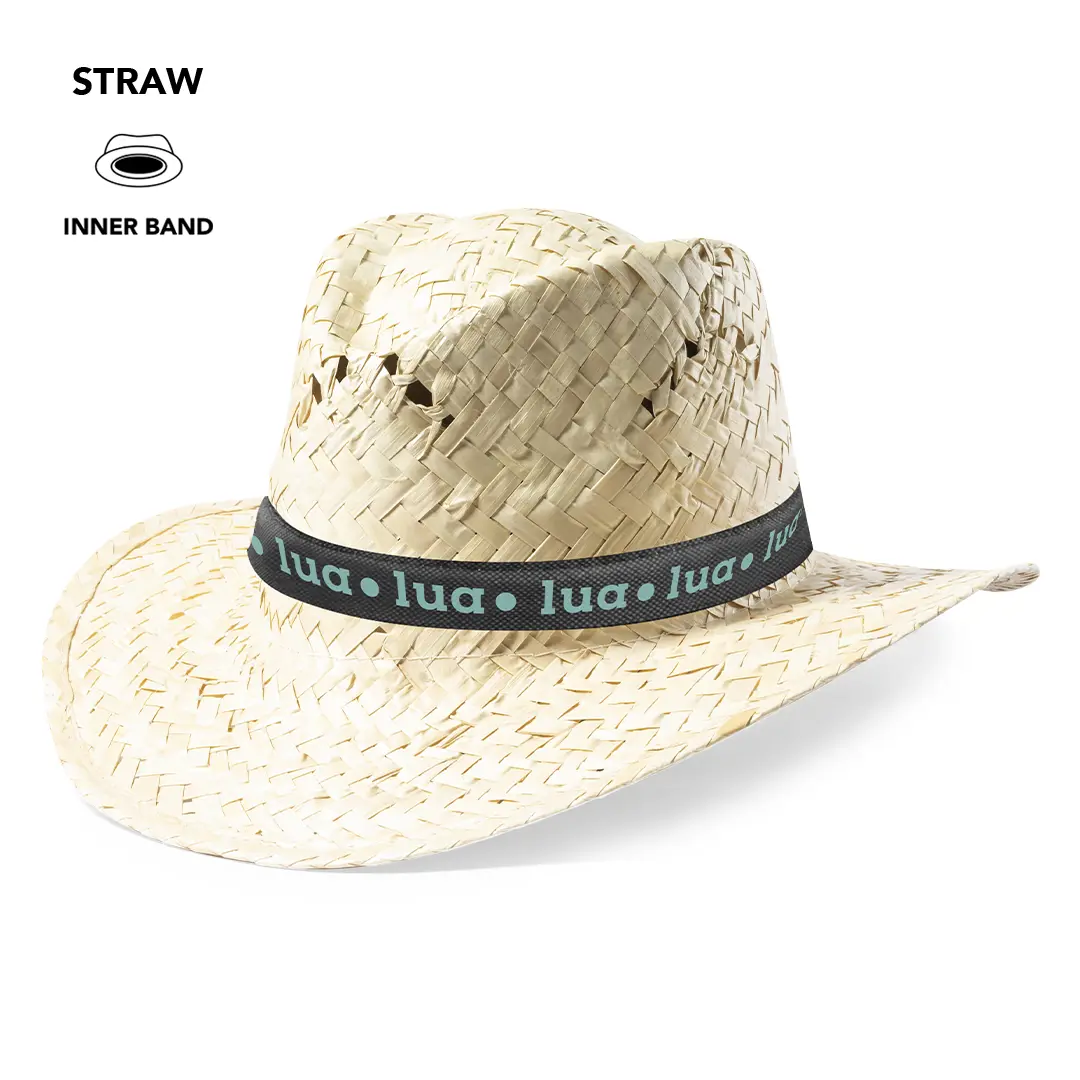 Sombrero de paja natural con cinta negra y texto azul para protección solar.