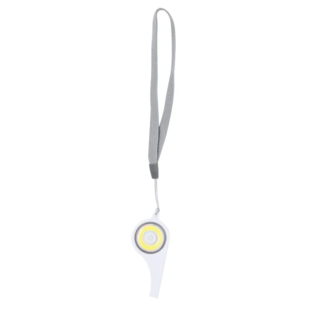 Linterna portátil blanca con correa gris para muñeca.