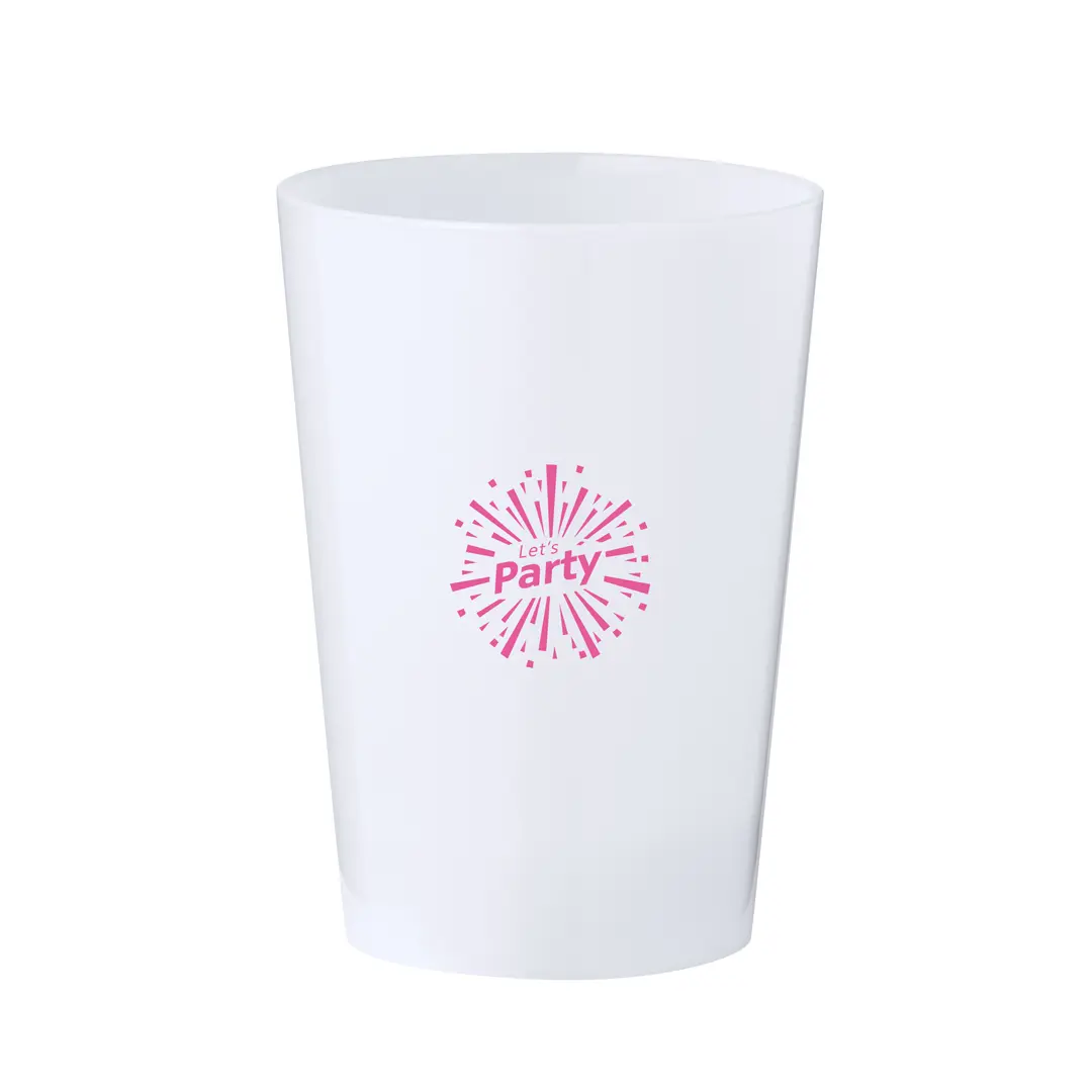 Vaso blanco de plástico con diseño rosa y texto "Let's Party" para fiestas.