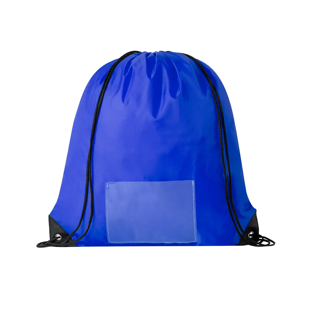 Mochila saco azul con cuerdas negras y bolsillo frontal transparente.