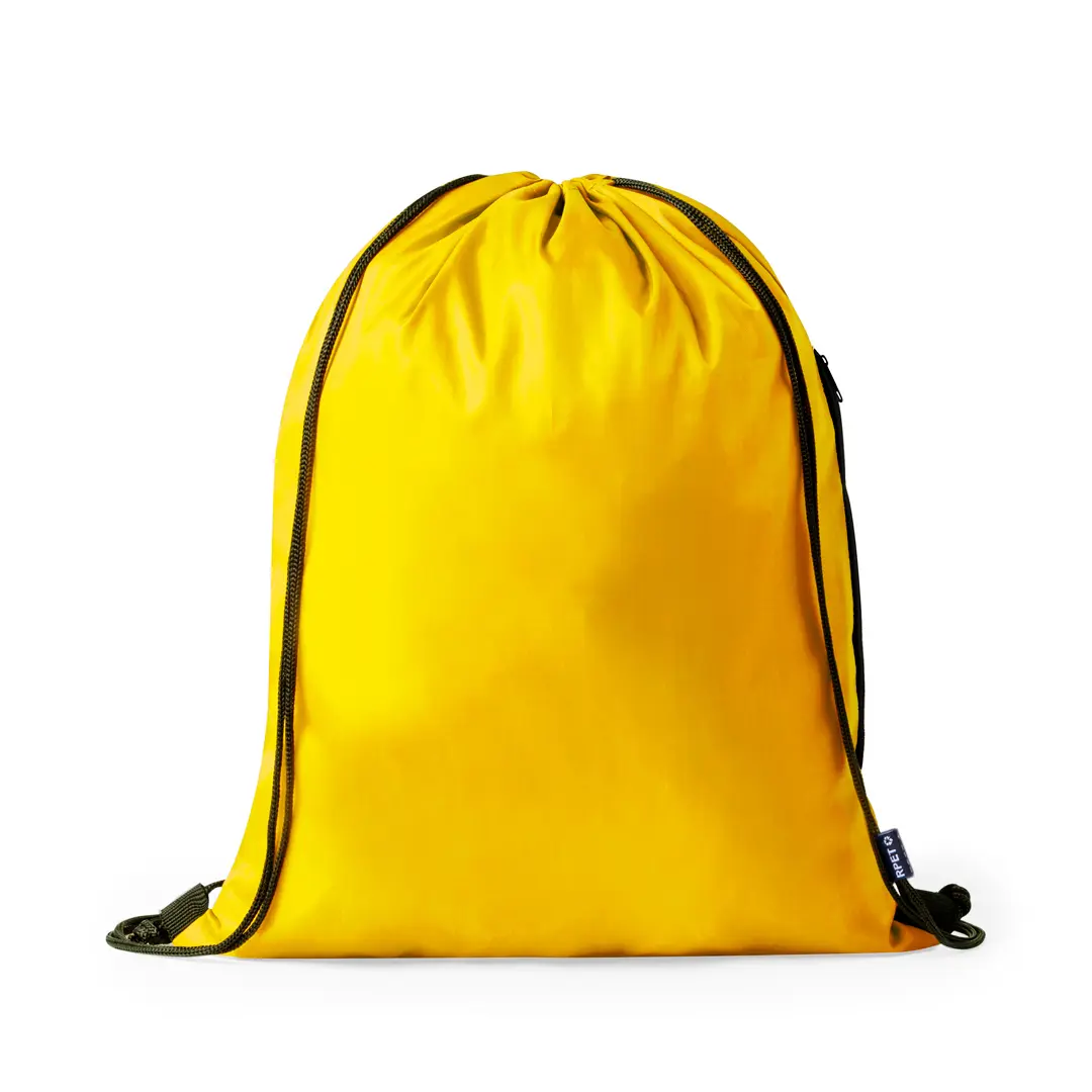 Mochila saco amarilla con cordones negros para uso casual.