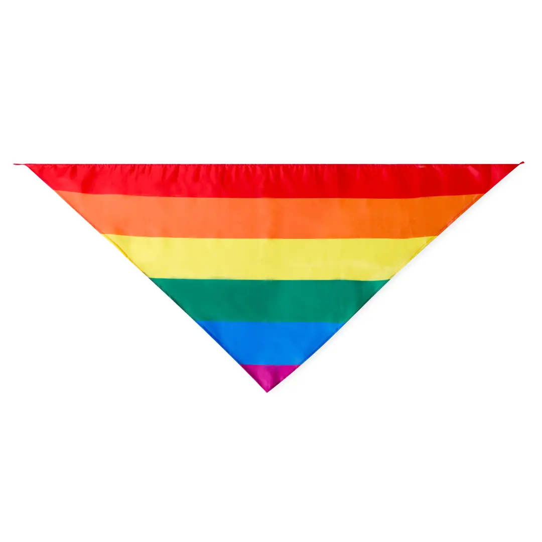 Pañuelo triangular de tela con franjas horizontales de colores del arcoíris.
