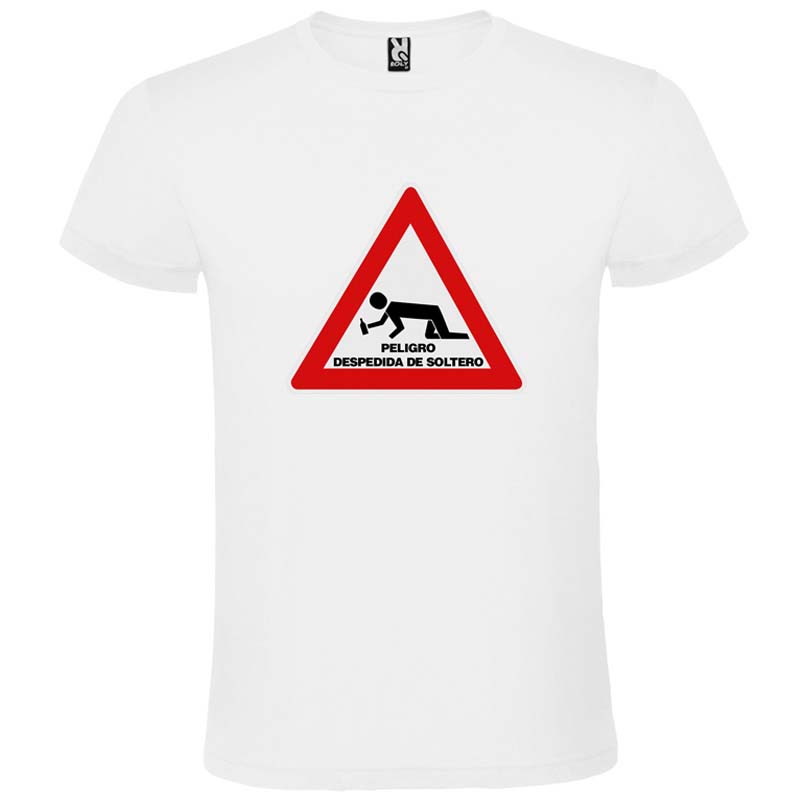 Camiseta blanca con diseño de señal de advertencia roja y figura negra con texto "Peligro despedida de soltero".