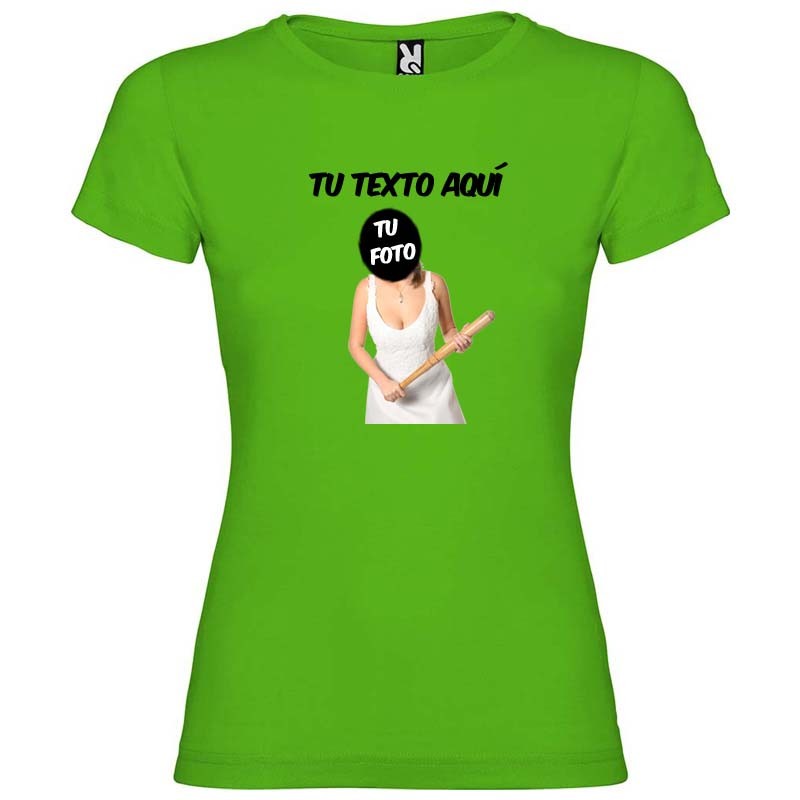 Camiseta verde de algodón para mujer con diseño personalizable que incluye texto y foto.