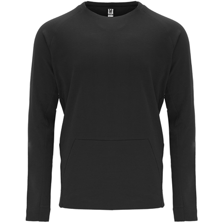 Sudadera negra de manga larga con bolsillo frontal tipo canguro.
